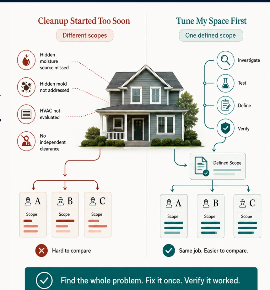 Diagram comparing cleanup that begins before the problem is defined with the Tune My Space process of investigating, testing, defining a scope and independently verifying the work