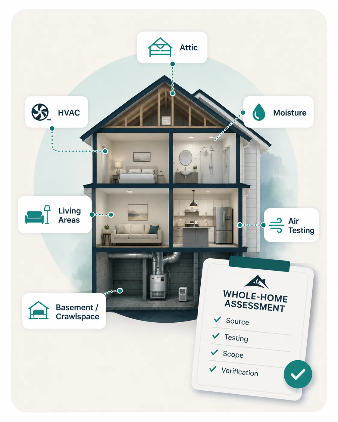 Whole-home assessment diagram showing attic, HVAC, living areas, moisture, air testing, basement or crawlspace, and the resulting written assessment